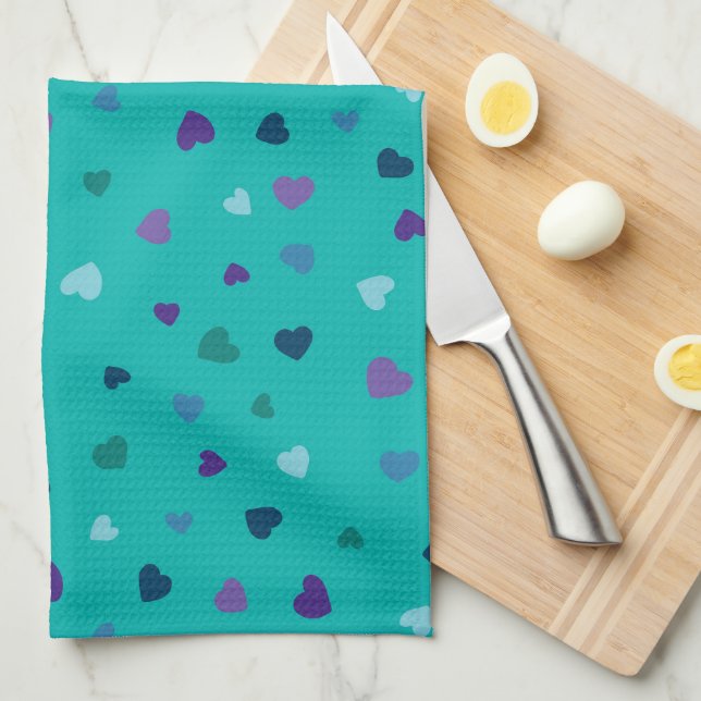 Paño De Cocina Corazones Pequeños, Morado, Turquesa, Azul sobre T (Doblado Cuarto)