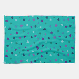 Paño De Cocina Corazones Pequeños, Morado, Turquesa, Azul sobre T