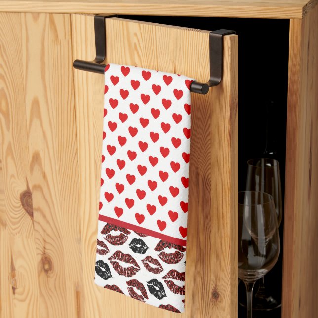 Paño De Cocina Corazones Rojos Y Besos (Pliegue de tercios)