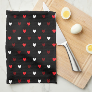 Paño De Cocina corazones rojos y blancos sobre negro