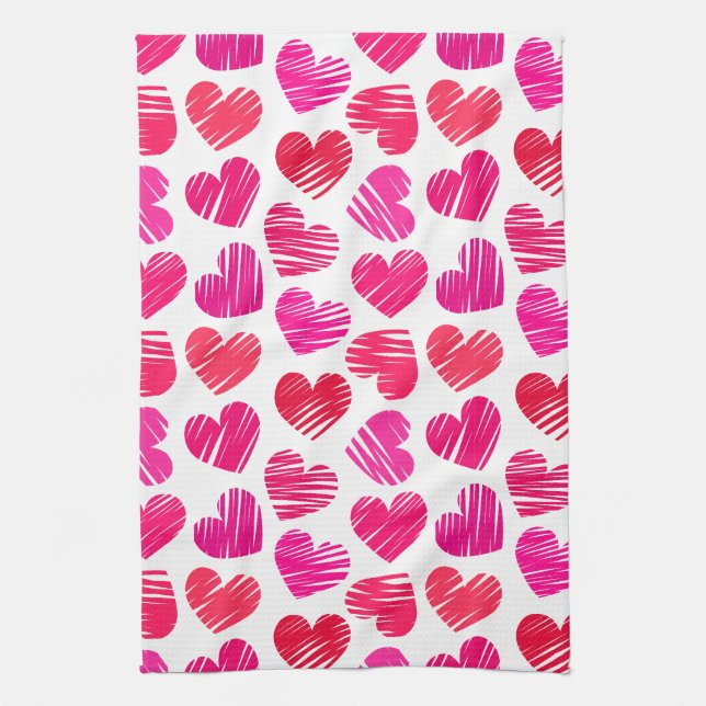Paño De Cocina Corazones Rojos y Rosa Modernos Doodled Valentine (Vertical)