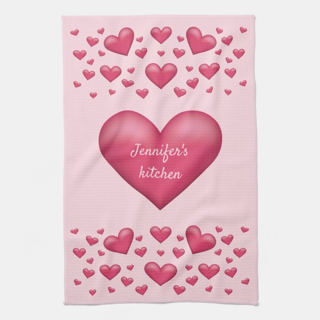 Paño De Cocina Corazones rosados con texto personalizable (Vertical)