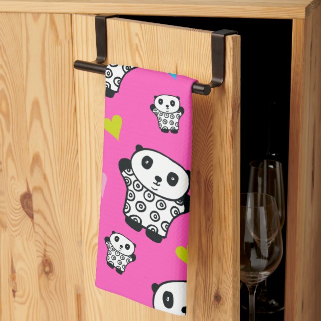 Paño De Cocina Corazones rosas kawaii panda modernos (Pliegue de tercios)