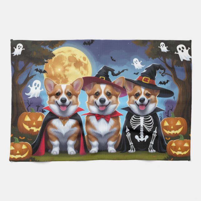 Paño De Cocina Corgi Dogs Calabaza Halloween Funny (Horizontal)