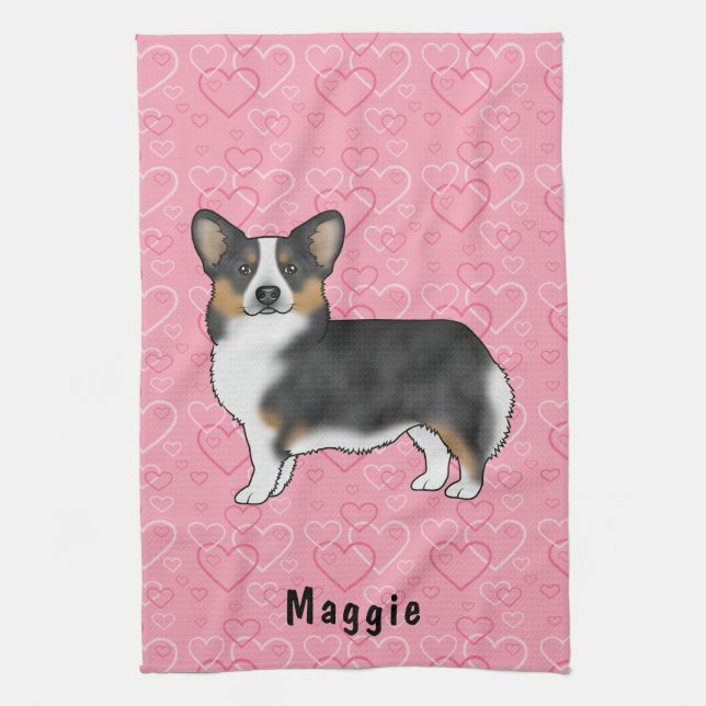 Paño De Cocina Corgi galés Tri Pembroke negro con nombre (Vertical)