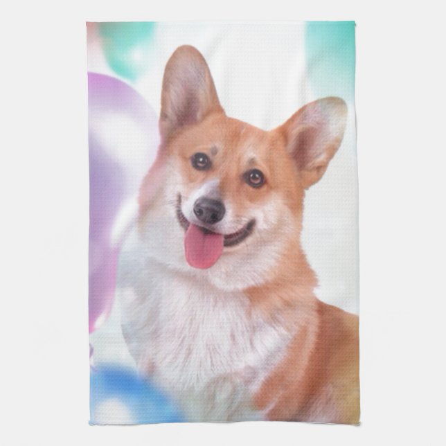 Paño De Cocina Corgi sonriente con los globos (Vertical)