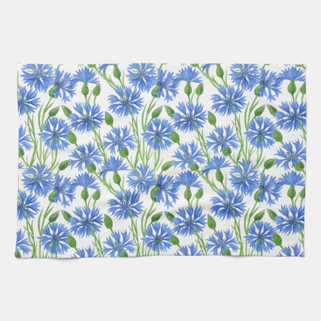 Paño De Cocina Cornflores de color azul, flores silvestres en bla (Horizontal)