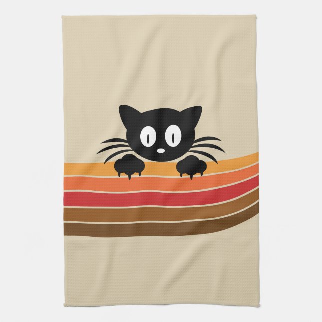 Paño De Cocina Cortar gato negro con rayas retro (Vertical)