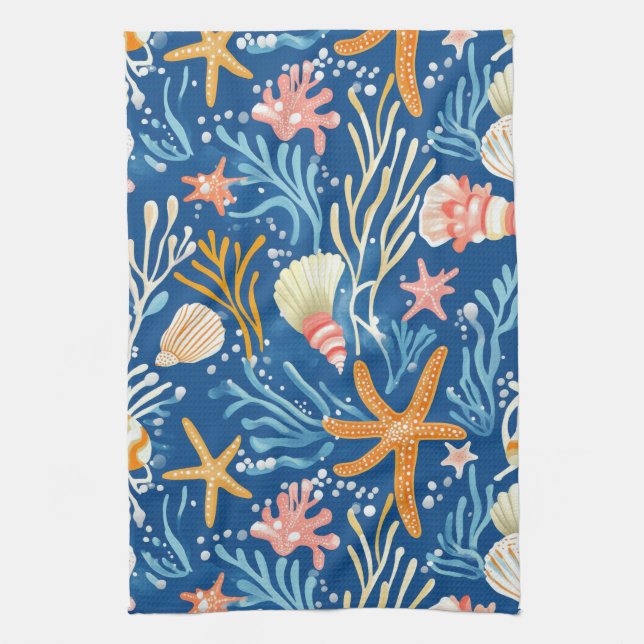 Paño De Cocina Costa Rústica - Aguas marinas, pez estrella, arrec (Vertical)