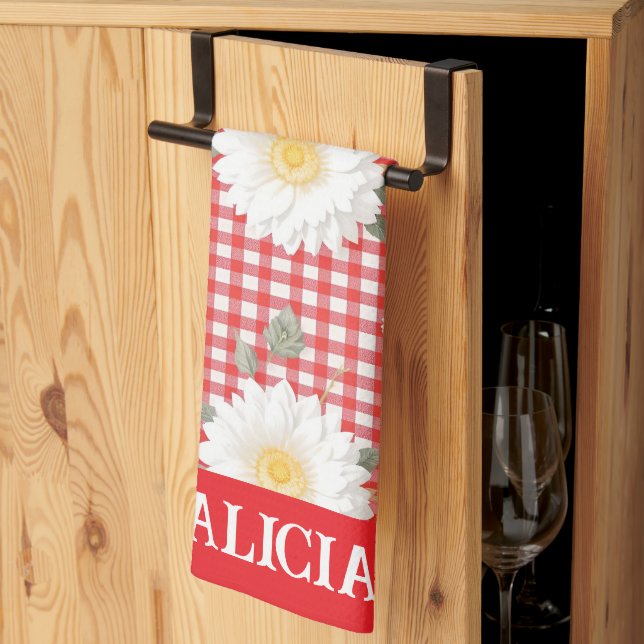 Paño De Cocina Country Red Gingham with White Daisies (Pliegue de tercios)