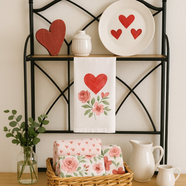 Paño De Cocina Cozy Cottage Heart and Roses  (Add romantic charm to your kitchen with Valentine’s Day towels featuring hearts, and roses)