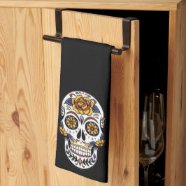 Paño De Cocina Cráneo de azúcar rosa amarillo en negro