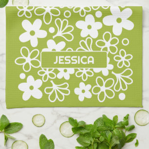 Paño De Cocina Crazy Daisy Pattern en verde primavera con nombre