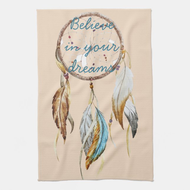 Paño De Cocina Cream Brown Turquoise White Feathers Dream Catcher (Vertical)