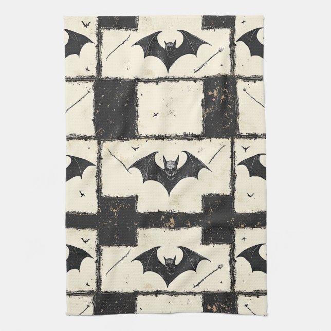 Paño De Cocina Cream Denim Grunge Patchwork with Bats (3) (Vertical)