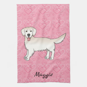 Paño De Cocina Cream Golden Retriever on Pink Hearts & Name