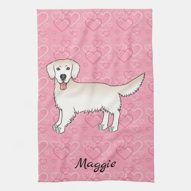 Paño De Cocina Cream Golden Retriever on Pink Hearts & Name (Vertical)