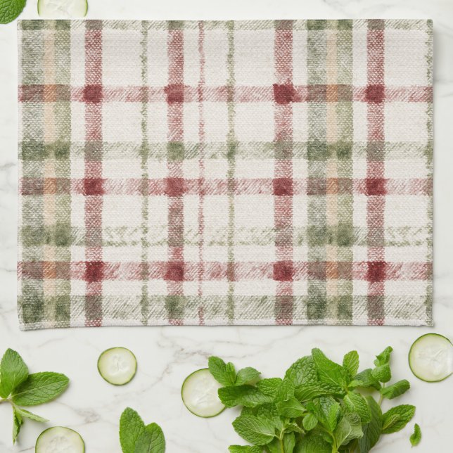 Paño De Cocina Cream Green Red Plaid Stripes  (Doblado)