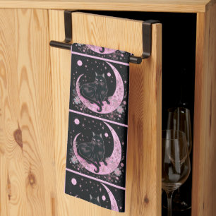 Paño De Cocina Creciente Luna Floral Gato Negro Rosa Halloween