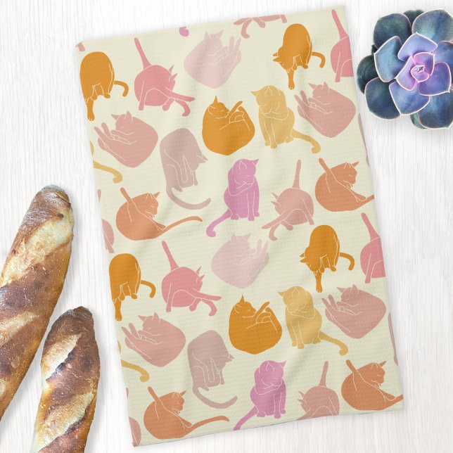 Paño De Cocina Crema de Naranja rosa del patrón de gato (Fun kitty cat pattern pink orange cream kitchen towel for animal lovers)