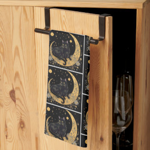 Paño De Cocina Crescente Lunar Floral Blanco Gato Negro Halloween