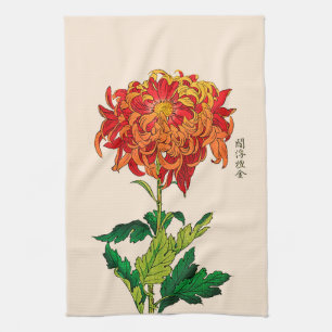 Paño De Cocina Crisantemo japonés vintage. Óxido y Naranja