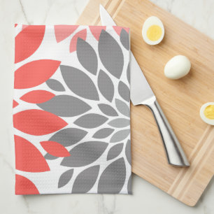 Paño De Cocina Crisantemos de coral y gris Patrón floral