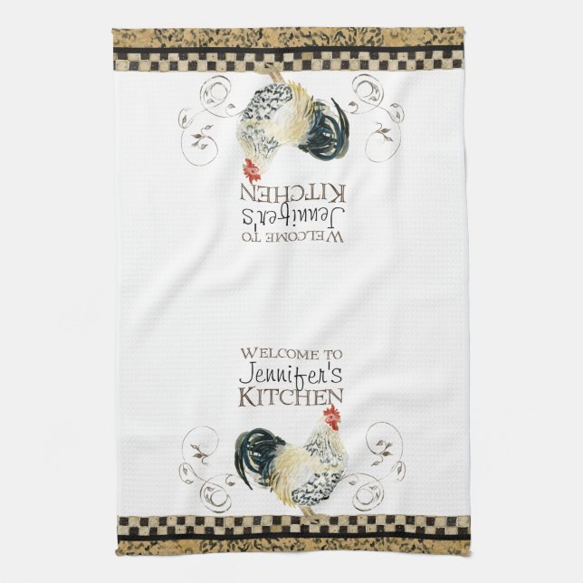 Paño De Cocina Crowing Rooster Black & Tan Check Swirl Kitchen (Vertical)