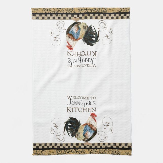 Paño De Cocina Crowing Rooster Black & Tan Check Swirl Kitchen (Vertical)