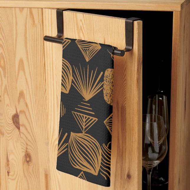 Paño De Cocina Crudo trapo tribal caribeño: negro, oro (Pliegue de tercios)