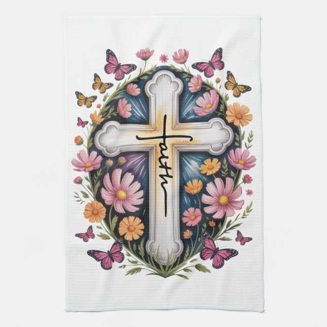 Paño De Cocina Cruz de fe floral  (Vertical)