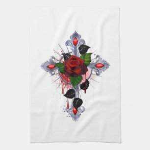 Paño De Cocina Cruz de Plata con una Rosa Roja