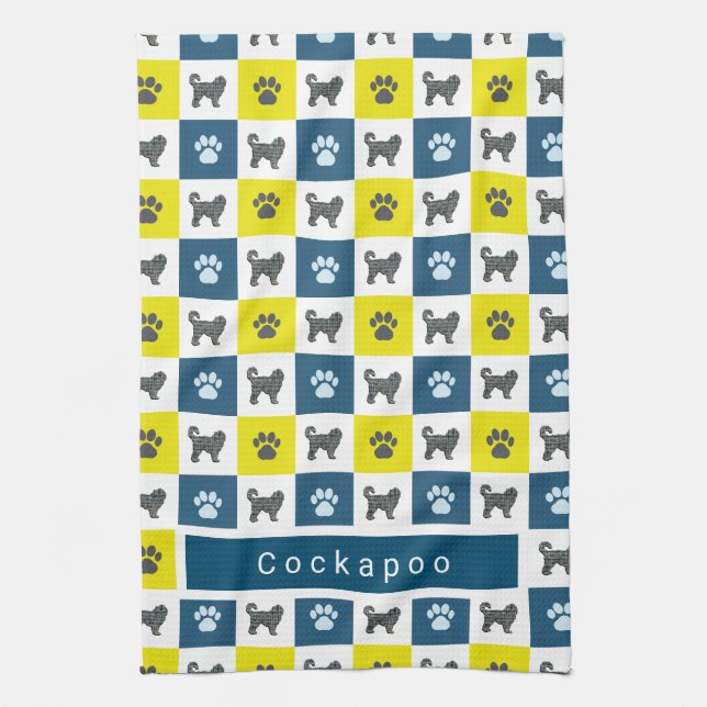 Paño De Cocina Cuadrícula amarilla y azul de Cockapoo Dog & Paw (Vertical)
