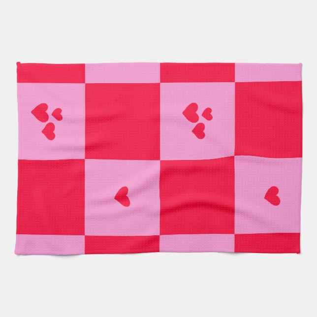 Paño De Cocina Cuadrícula cardíaca rosa y roja (Horizontal)