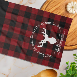 Paño De Cocina Cuadro de Búfalo Rojo y Negro con Apellido de Fami
