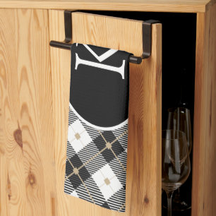 Paño De Cocina Cuadros de Plaid Negro Blanco y Dorado Personaliza