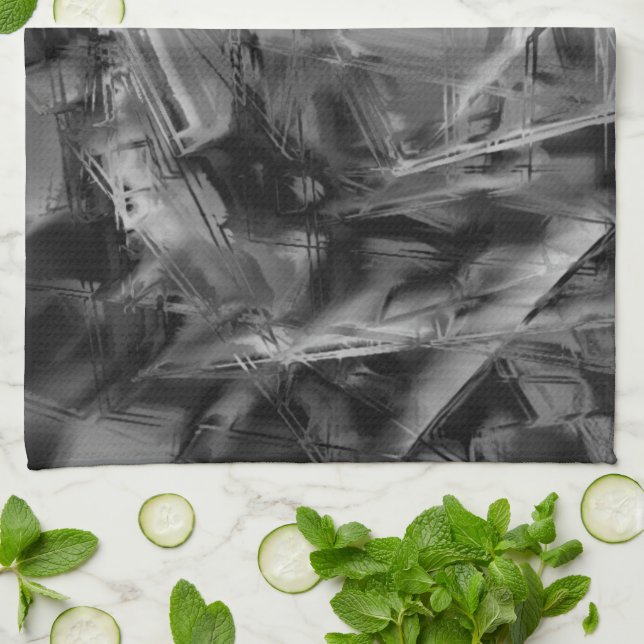 Paño De Cocina Cuadros manchados de gris negro, 'trazos de pincel (Doblado)