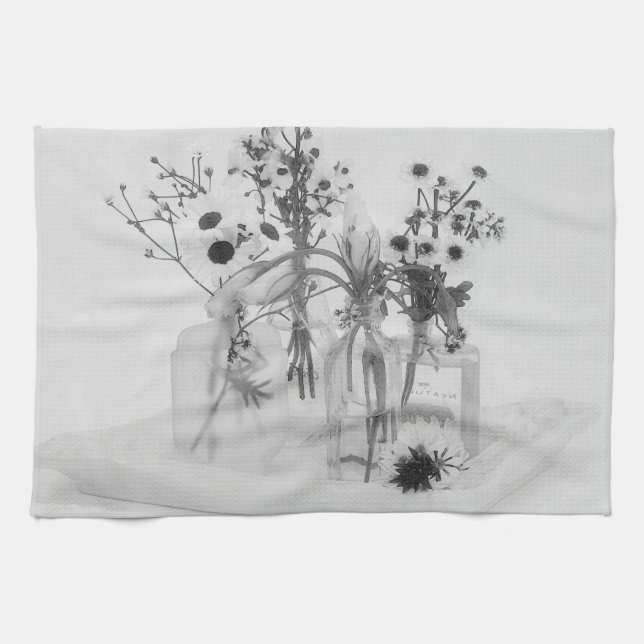 Paño De Cocina Cuatro Botellas Y Flores Blancas (Horizontal)