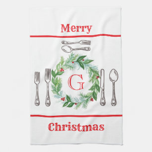 Paño De Cocina Cuchillería de monograma de corona de Navidad en a