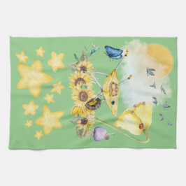 Paño De Cocina Cuidada acuarela Cottagecore Amarillo sobre verde 