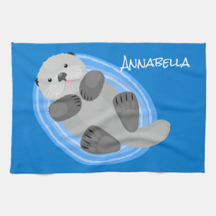 Paño De Cocina Cuidada y feliz nutria azul personalizado ilustrac