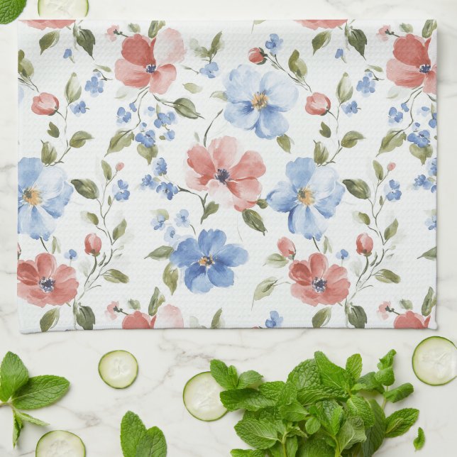 Paño De Cocina Cumpleaños de Flores Rojas Azules Bonitas (Doblado)