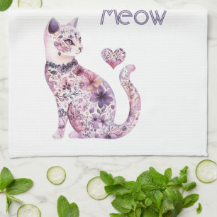 Paño De Cocina Cumpleaños de gato floral corazones púrpura rosa b