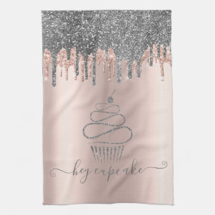 Paño De Cocina Cupcake Chic Silver Glitter Drips Rosa Dorado