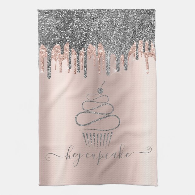 Paño De Cocina Cupcake Chic Silver Glitter Drips Rosa Dorado (Vertical)