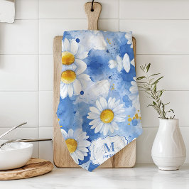 Paño De Cocina Custom Blue Watercolor Daisy Monogram Decor