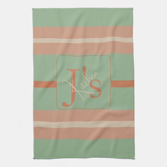 Paño De Cocina Custom Coral Sage Stripe Monogram Boho Pastel Chi (Vertical)
