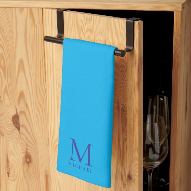Paño De Cocina Custom Elegant Azure Blue Monogram Simple Template (Pliegue de tercios)