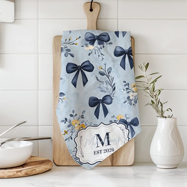 Paño De Cocina Custom Elegant Blue Bow Floral Monogram (Subido por el creador)