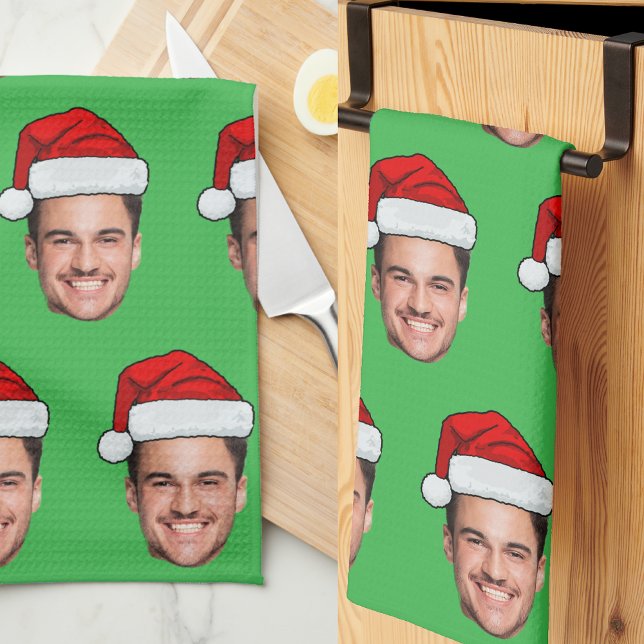 Paño De Cocina Custom Face Photo Santa Hat Christmas Green (Subido por el creador)